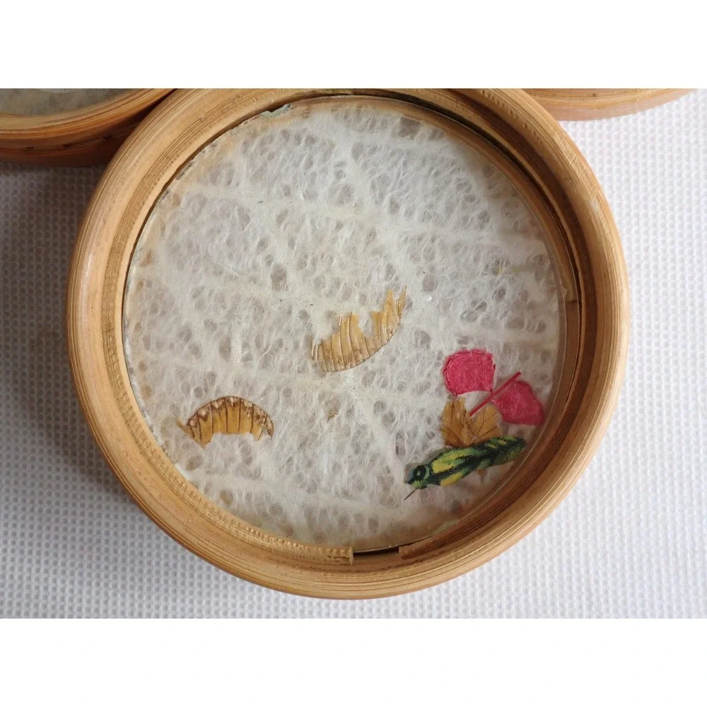 Vintage Bamboo Butterfly and Floral Coasters Set of 4 Natural Boho Decor Retro